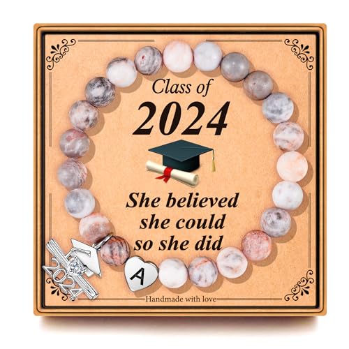 STORUP Graduation Gifts for Her 2024, Natural Stone Frosted Pink Zebra Beads Graduation Bracelet College Graduation Gifts High School Graduation Gifts for Her Class of 2024 Gifts for Women Girls