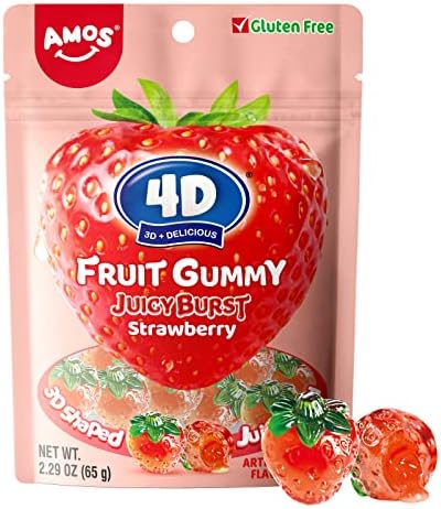 AMOS 4D Gummy Fruit Filled Candy, Fruit Snacks Juicy Burst, Strawberry Juice Filled Gummies, Soft and Chewy Easter Treat Candy 1.7 LB 2.29Oz Per Bag (12 Bags)