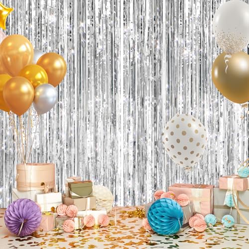 Image of 2Pack Silver Metallic Tinsel Foil Fringe Curtains, Door Streamer Photo Booth Backdrop for Birthday Wedding, Graduation Engagement Bridal Baby Shower Bachelorette Party Decorations Dancing Ball Party