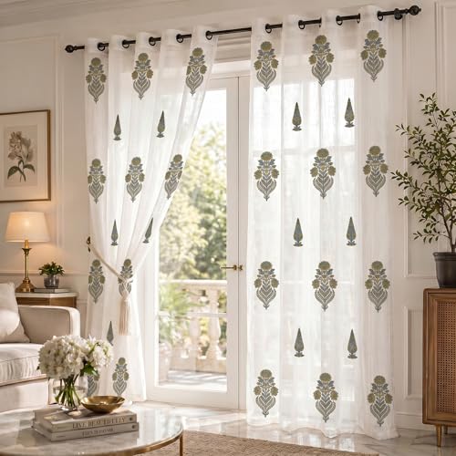Image of LINENWALAS Decorative Cotton Linen Sheer Curtains 7 Feet for Door -Block Printed Door Curtain | Grommet Hanging Style Pack of 2 Panels |Light Filtering Sheer Drapes (Golden Meadow)