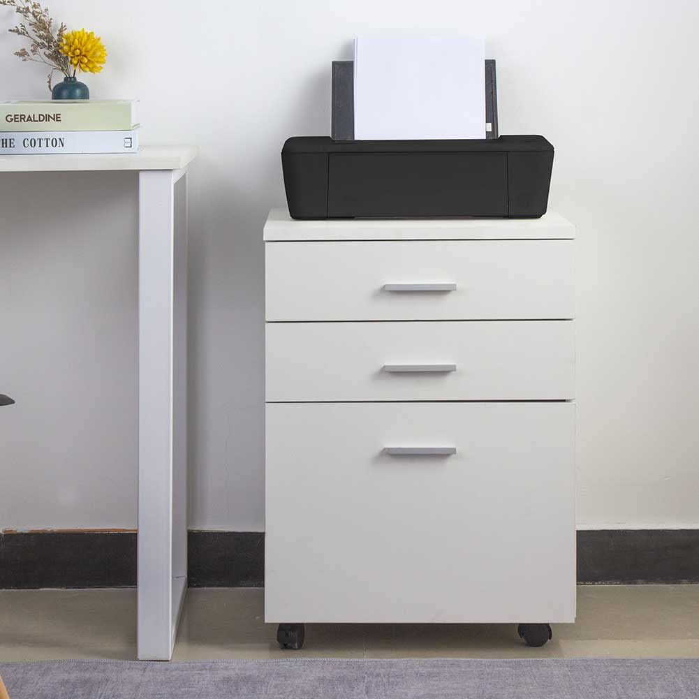 BAKAJI Meuble Porte-Imprimante Blanc 3 Étagères 2 Tiroirs Avec Clé - Roulettes Et Rangement Bureau