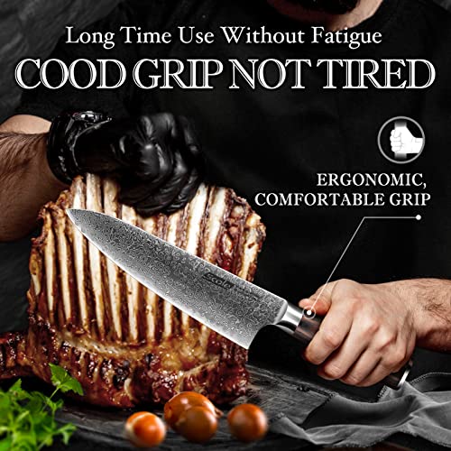 Scole® Chef Knife Bundle - Razor Sharp Chefs Knife 8 Inch Vg-10 Super Damascus Steel (Natural Pakka Wood Handle) + Ultra Sharp Kitchen Knife Set 7-Piece (Triple Rivet Handle) (2 Items Bundle) #TOP7