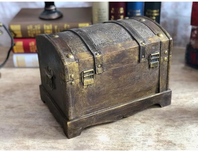 CunTo Wood Treasure Chest jewelry box, Antique-Loking Small Wooden Box, Decorative Storage Chest, Vintage Pirate Chest Photo Prop, with Lock