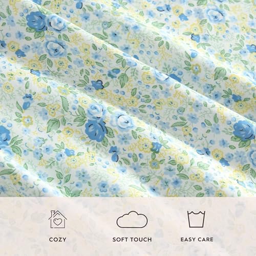 Image of Laura Ashley - Queen Sheet Set, Ultra-Soft Bed Sheets with a Naturally Silky Smooth Cotton Sateen, Deep Pockets, Floral Bedding with Matching Fitted Sheet & Pillowcases (Rownea Blue)