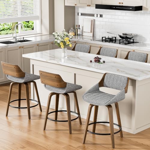 Image of YaFiti Bar Stools Set of 6, 26 inch Swivel Counter Height Barstools with Bentwood Back and Legs, Mid Century Modern Upholstered Fabric Counter Stools for Kitchen Island, Dining Room, Gray