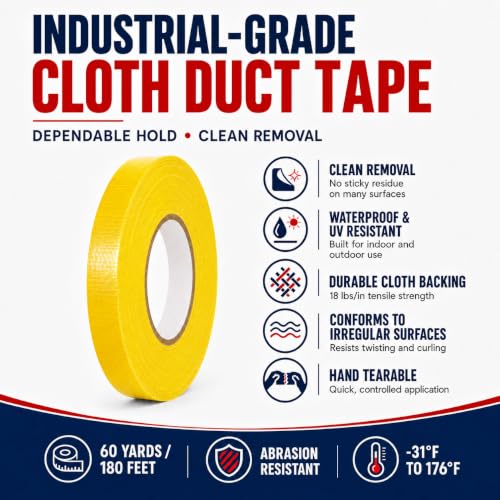 Image of GGR Supplies CDT-36 Yellow Cloth Duct Tape, 1 Inch x 60 Yards | Industrial Grade; Waterproof and UV Resistant; Clean Removal With No Sticky Residue; Repairs, Packaging, Bundling and Sealing