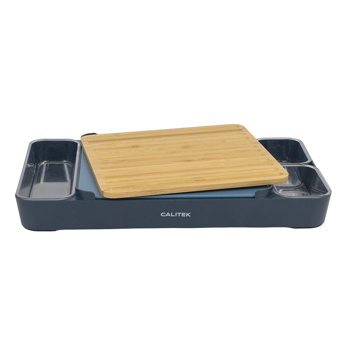 Calitek Chopping Board Set 1 Bamboo and 1 BPA Free Plastic Cutting Board with Stand and Storage for Multipurpose Use Ideal for Meat Vegetables Fruit Bread or Cheese Board (Blue)