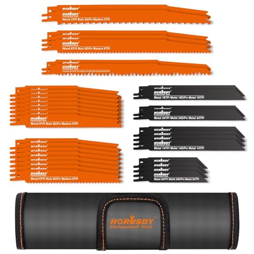 HORUSDY 34-Piece Reciprocating Saw Blades Set Steel for Metal Plastic Wood and Drywall. Includes HCS Wood Pruning and BIM Metal Blades Organizer Pouch Fits All Saws