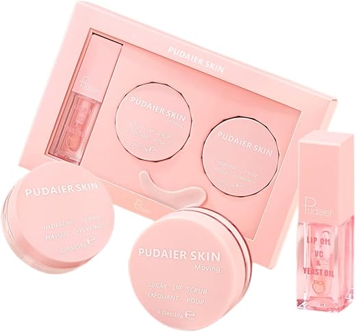 Pudaier Lip Care Kit, Hydrating Lip Glow Oil, Moisturizing Lip Mask, Exfoliating Lip Scrub, 3 Pcs Lip Care Plumping Makeup Set for Shiny and Nourishing Lips, Dry Lips Treatment