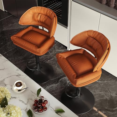 Nalupatio Modern Bar Stools Set of 2 Spacious Ergonomic Double-Layer Cushion Upholstered Swivel Bar Stools with Backrest Adjustable for Kitchen Island Orange