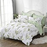 FADFAY Duvet Cover Set Queen Shabby Green Daisy and Lavender Flowers 100% Cotton with Hidden Zipper Closure 3-Piece:1 Duvet Cover & 2 Pillowcases Queen Size