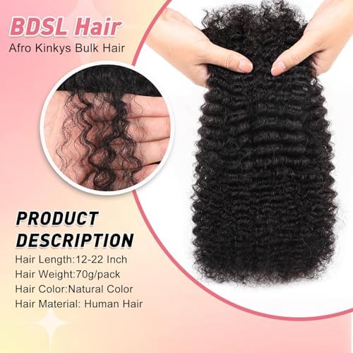 BDSL Afro Kinkys Bulk Human Hair 14 Inch Afro Kinky-Curly Human Hair Bulk for Twist Dreadlock Extensions Locs Repair Soft 4C Curly for Braids 2 Bundles 70 g (Natural Black, 14Inch) - 2