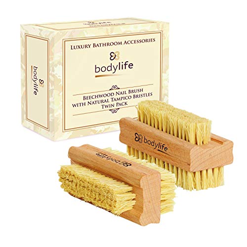 Bodylife Beechwood Nail Brush With Natural Cactus Tampico Bristles Twin Pack
