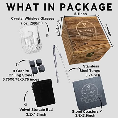 Whiskey Stones and Glass Gift Set, 4 Granite Chilling Stone and Whisky Glass in Wooden Box, Whiskey Gift Set with Ice Tongs, Slate Coasters, Alcohol Gift for Men/Dad/Christmas/Husband/New Home Gifts