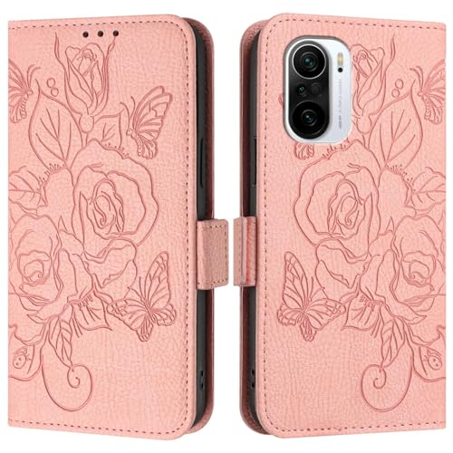Étui pour Redmi K40 et K40 Pro housse de protection en cuir PU rose avec porte-cartes intégré