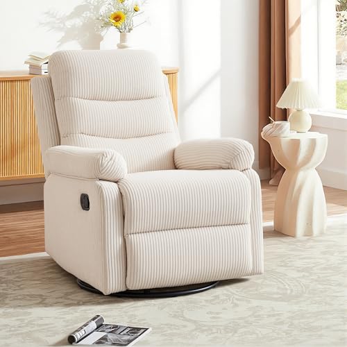 Image of Rocking Recliner Chair,Modern Swivel Glider Recliner Chair,Corduroy Fabric Upholstery Recliner,Manual Reclining Sofa Chair for Living Room,Office,Apartment (Beige)