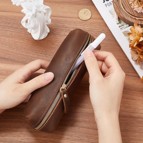 GORGECRAFT Crazy Horse Leather Pen Case Large Capacity Genuine Leather Pencil Pouch Big Zippered Pencil Bag Vintage Cosmetic Holders Organizer for Men Women Pens Home Office Practical Gift - Image 3
