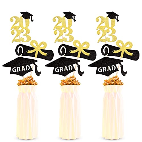 12 Pack 2023 Graduation Centerpiece Sticks Assembled Glitter Class of 2023 Cake Toppers Diploma Grad Cap Table Flower Centerpiece Sticks for 2023 Graduation Theme Party Supplies Gold