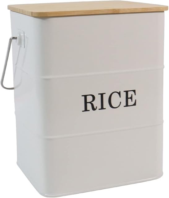 Gdfjiy Rice Container Metal Rice Storage Bin, Rice Storage Box with Airtight Wooden Lid & Scoop, Food Storage Container for Rice Flour Soybean Grain Cereal (Cream White)