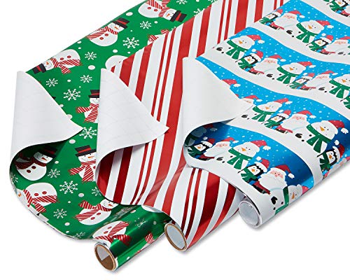 American Greetings Foil Christmas Bulk Gift Wrapping Paper Bundle with Gridlines, 3 Rolls; Santa and Friends, Candy Cane Stripes and Snowmen, 90 Total sq. ft.
