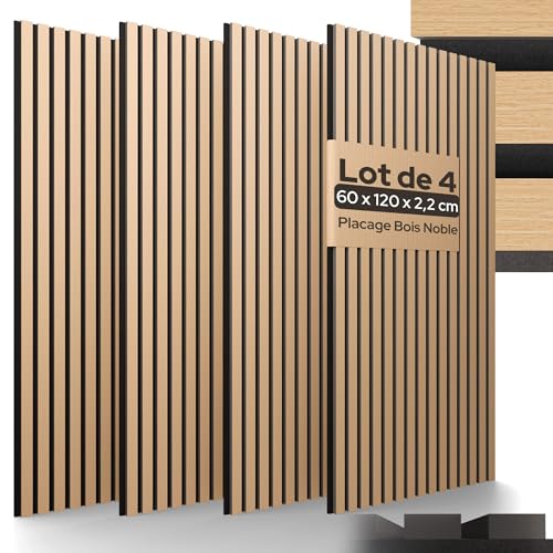Arebos Lot de 4 Panneaux Acoustiques 120×60 cm | Panneaux Muraux à Lattes Aspect Bois pour Mur & Plafond | Haute Absorption Acoustique | Installation Facile...