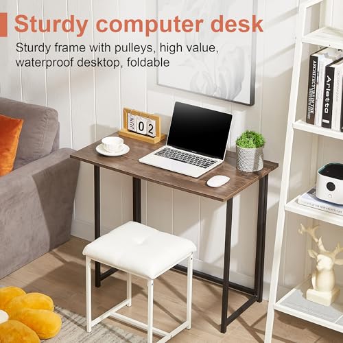 Image of VECELO Folding Desk 31.5 Inch Writing Desk Home Office Sturdy Steel Laptop Table for Home Office Work Classic Brown