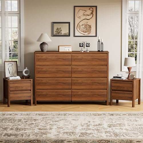 Image of Furniway Walnut Mid-Century Modern Dresser and Nightstand Sets 3 Piece | 8 Drawer Dresser features sturdy wood legs, creating a minimalist storage solution for bedrooms and modern living spaces