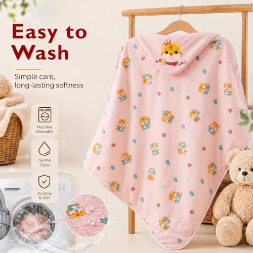 Image of StarAndDaisy Baby Swaddle Wrapper Blanket with Hood | Cotton & Soft Bean Velvet Receiving Blanket | Newborn Baby Wrap, Infant Sleeping Bag, Baby Quilt for Boys & Girls (Pink)