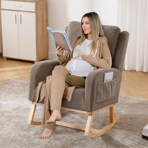 Image of HCHAIRH Rocking Chair Nursery, Teddy Nursing Rocking Chairs, Upholstered Nursery Glider Rocker Wingback Morden Rocking Chair with Lumbar Pillow for Mom Nursery, Living Room, Bedroom, Coffee