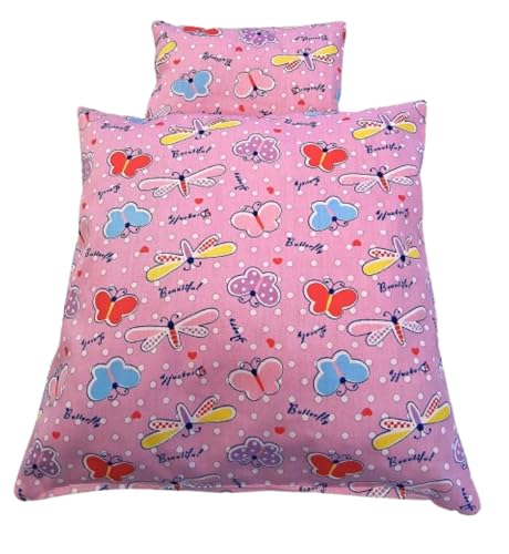 Bettwäscheset für Puppenwagen, Puppenbett, Korbpuppenwagen, kleine Puppen, genäht aus Baumwollstoff, 2teilige Garnitur. Puppenbettwäsche mit Motiv Schmetterlinge.