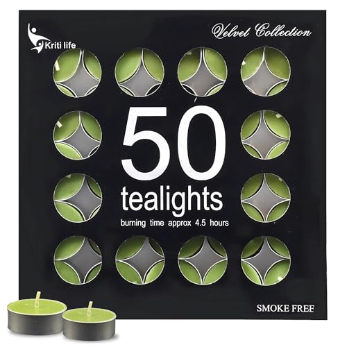 Image of Kriti Life Green Apple Scented Tealight Candles - 100% Paraffin Wax, Smokeless, Long Burn Time (4.5 Hours), Dripless Green Candles for Home Decor, Diwali, Weddings & Meditation - Set of 50