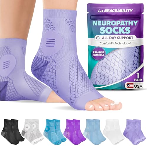 Image of BraceAbility Neuropathy Socks (Pair) - Peripheral Neuritis Compression Diabetic Toeless Foot Sleeves for Nerve Damage Pain in Feet, Ankle Gout, Plantar Fasciitis Relief Brace for Men and Women (Lilac - Standard - 1 Pair, X-Large)