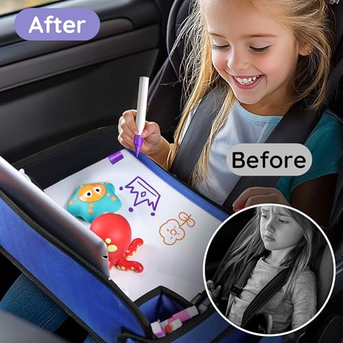 Image of Kids Travel Tray, 2Pcs Car Seat Lap Tray for Toddlers, Road Trip Essentials for Car & Airplane Activities, Portable Organizer with Drawing Kit & Snack Compartments & Markers, Blue