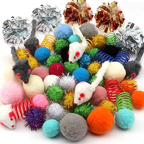 PietyPet 60 Packs Cat Toys Balls Set Spiral Springs Assorted, Kitten Ball Toys Assortments, Sparkle Ball, Cat Mouse Toy, Cat Crinkle Balls, Cat Springs, Furry Cat Toys Balls Soft Pom Pom Balls Cover