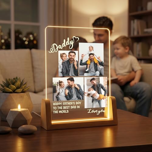 Image of Giftplease Fathers Day Personalized Rectangular Acrylic Wood Tabletop Photo Frame | Warm Led Light Base Custom Picture Layout Family Desktop Night Decor Assembly for Dad Papa Husband Stepdad Grandpa