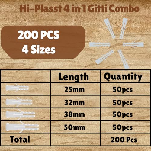 Image of Hiplasst Nylon Wall Plugs Combo Pack of 200pcs (25mm, 32mm, 38mm, 50mm) - Heavy Duty Rawl Plugs for Wall Fixing, Drilling & Anchoring | Anti-Slip Design | 50 Pcs Each Size (200)
