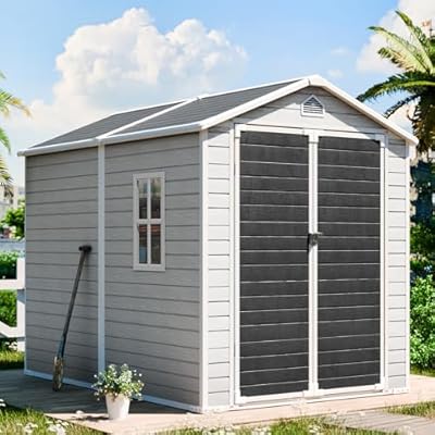 CDCASA 8x6 FT Outdoor Storage Shed, Waterproof Large Resin Shed with Floor & Lockable Door & Window & Vents, Plastic Tool Shed for Outside, Patio, Poolside, Gray