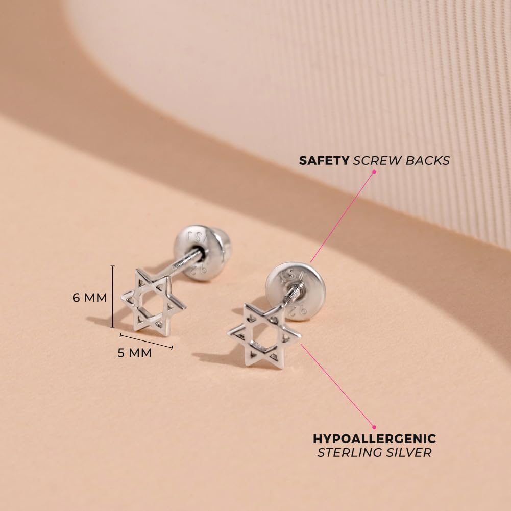 925 Sterling Silver Polished Star of David Safety Screw Back Earrings For Toddlers and Little Girls - Children's Star of David Earrings For Everyday Wear