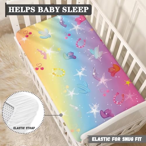 Image of Horse Baby Crib Sheet 52''x28'' Fitted Crib Western Cowboy Mattress Sheet for Boy Rainbow Soft Nursery Bed Sheet for Standard Crib and Toddler Mattress
