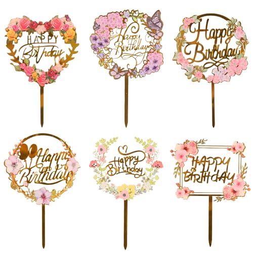 DIYASY 6Pcs Flower Cake Toppers, Acrylic Printed Happy Birthday Decor Cake Dessert Toppers for Birthday Wedding Decorations