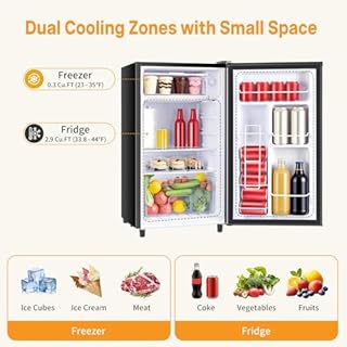 KMFurnila Mini Fridge with Freezer, 3.2 Cu.Ft Mini Refrigerators, Small Beverage Fridge with Adjustable Thermostat, for Bedroom, Office, Dorm, Single Door, Quiet & Energy Saving, Black