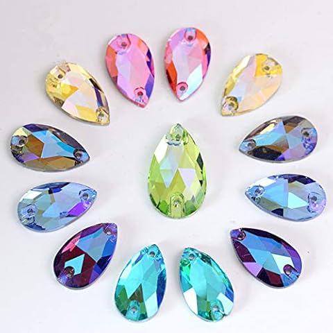 Teardrop Crystal AB Sew On Rhinestone Droplet Glass Sewing Stones Sew-on Beads with 2 Holes for Wedding Dress (Mix AB, 7x12mm) Cover