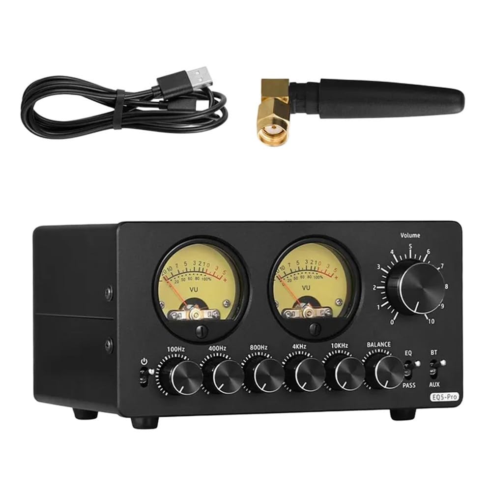 EQ5-PRO 5-Band EQ Equalizer mit BT-Empfänger, Stereo-Audio-Vorverstärker und VU-Meter, Metallgehäuse, Bluetooth 5.0, 100 Hz/400 Hz/800 Hz/4 kHz/10 kHz, Bypass-Modus, Balance-Regelu