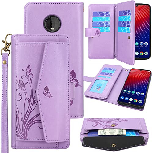 Lacass Compatible with Motorola Moto Z4 / Z4 Play (2019) Case, 12 Card Slots Holder Pocket Wallet Case Stand Flip Leather Cover Wrist Strap Lanyard (Butterfly Light Purple)