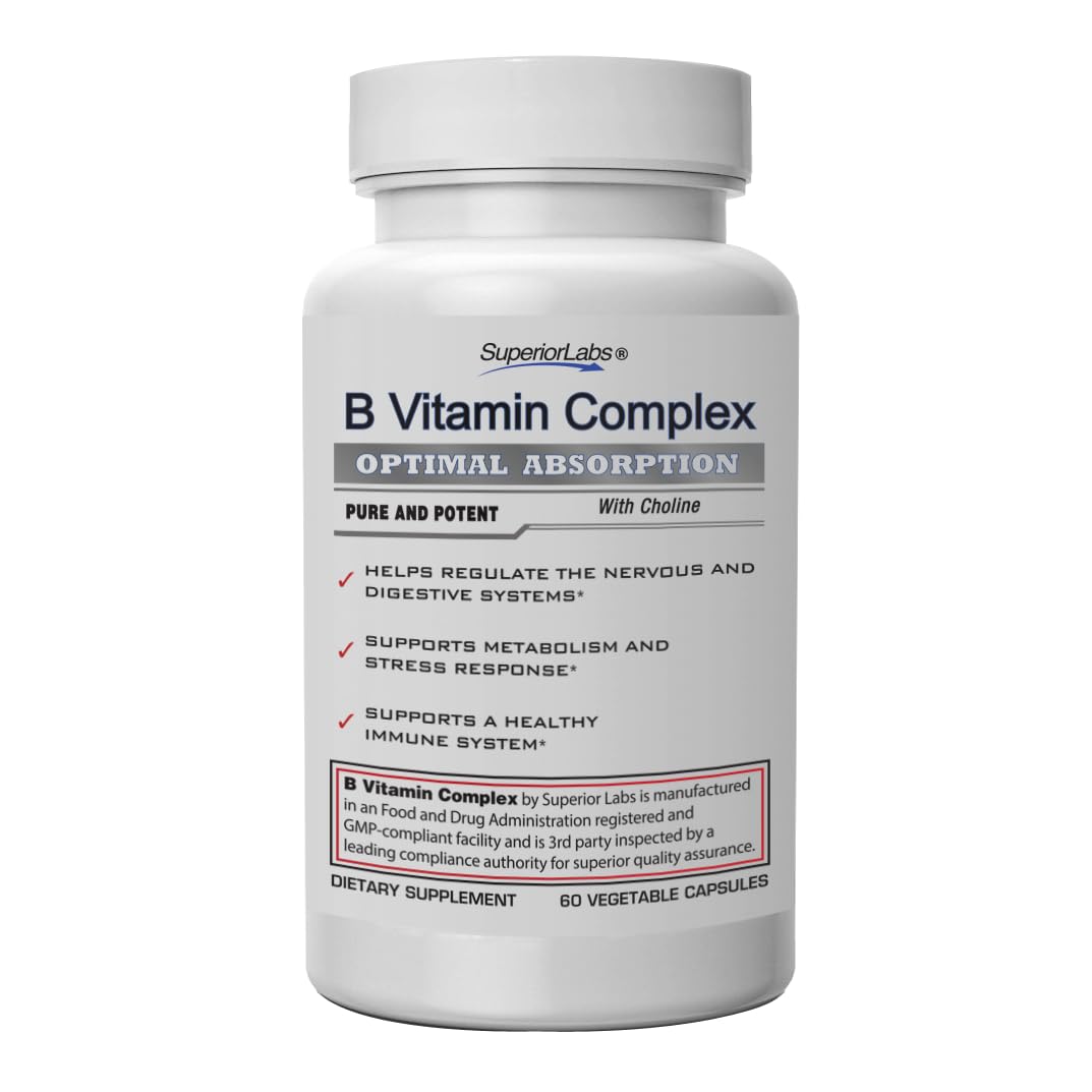 SuperiorLabs B-Complex Vitamins, High-Absorption Active B12, B6 & Folate, Pure Non-GMO, Gluten-Free, Boosts Energy & Metabolism, Supports Nervous System, Immune & Stress Balance, 60 Veg Caps