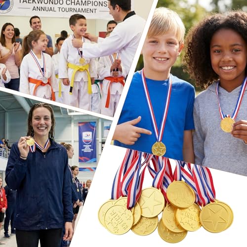 12PCS Gold Medals for Kids, Medals for Awards Plastic Winner Award Medals - Gold Medals for Awards for Sports/Competition/Talent Show/Spelling Bee, Party Favors Gifts & Star Medals for Kids/Winners - Thumbnail 6