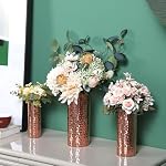 MyGift Modern Hammered Copper Tone Metal Tall Cylinder Flower Vases, Decorative Centerpiece, Set of 3 (Large, Medium, Small Sizes)