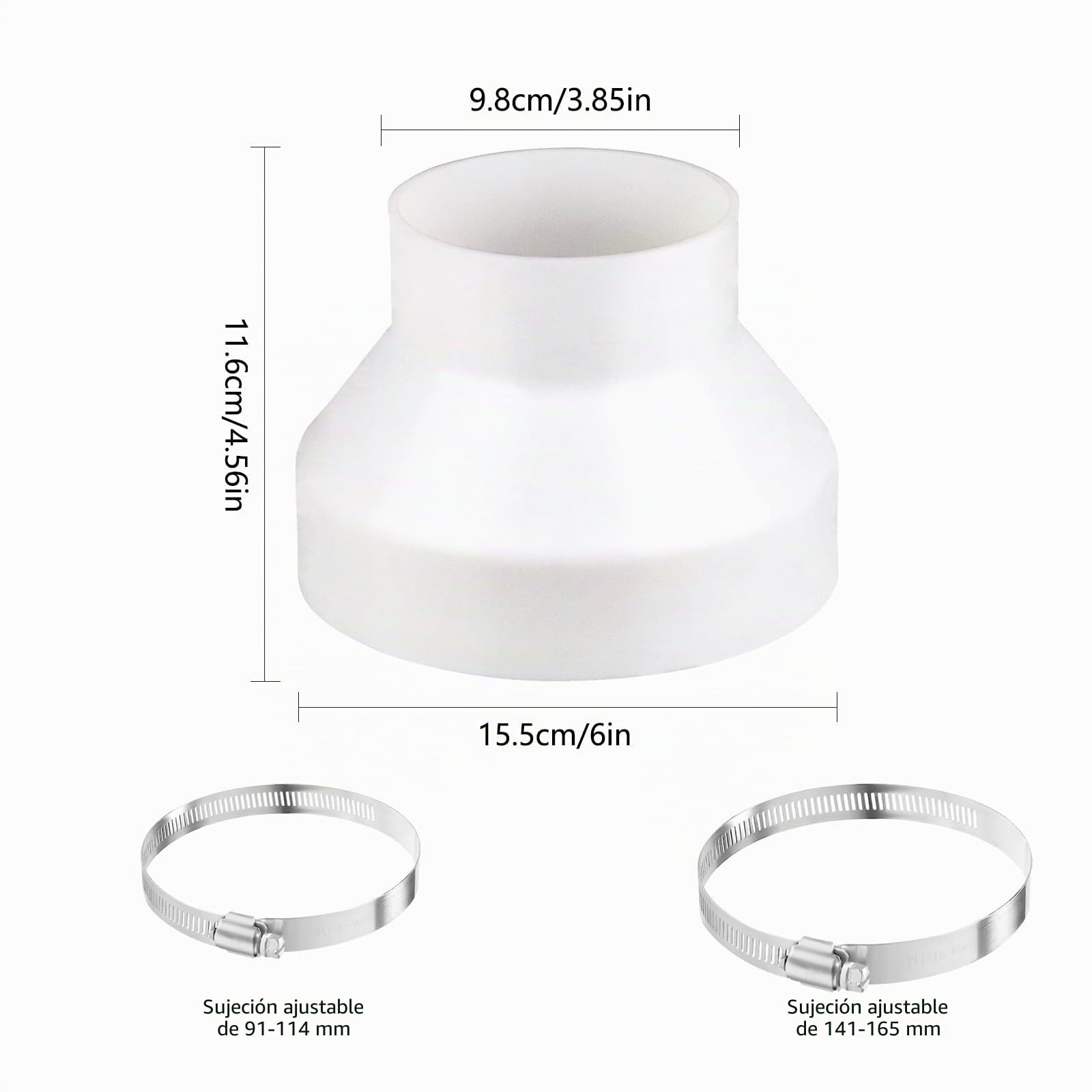 Adaptador de Conducto 150 mm a 100 mm, Tubo Reductor 150 a 100 Tubo Campana Extractora Reductor Universal para Sistema de Ventilación con 2 Abrazaderas, Adaptador para Conectar Conductos(ABS)