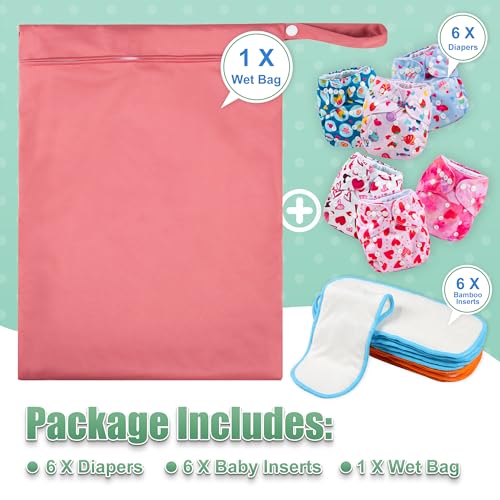Image of Wegreeco Cloth Diapers 6 Pack with Inserts & Wet Bag, Washable Reusable Diapers for Babies, One Size Adjustable (Colorful Summer)