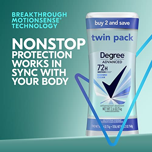 Degree Advanced Antiperspirant Deodorant 72-Hour Sweat & Odor Protection Shower Clean Antiperspirant For Women With Motionsense Technology 2.6 Oz Twin Pack #TOP4